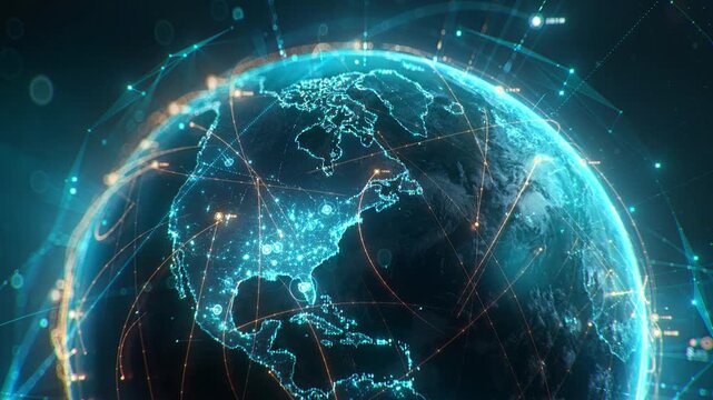 Futuristic digital globe of Earth with glowing data points network connections on a dark background - Powered by Adobe