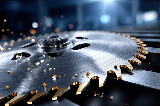 Close-up view of a high-precision circular saw blade with gold-tipped teeth, precision cutting equipment for industrial woodworking and metalworking, showing a clean workshop.