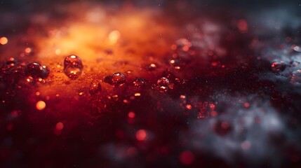 Abstract close up of a vibrant red fluid with numerous glowing bubbles and intense light refractions creating a dynamic texture