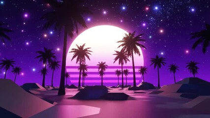 Backgrounds stylized vintage 3d animation background with palm trees sun and glowing stars 80s retro futuristic sci fi seamless loop scene 4 distortion, overlay, glitch, static noise, scan lines on - Powered by Adobe