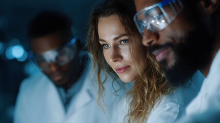 Three scientists diverse team collaborate on a scientific experiment in a modern laboratory