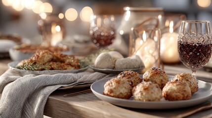 Delicious gourmet appetizers served on a rustic wooden table with elegant glassware and warm ambiance
