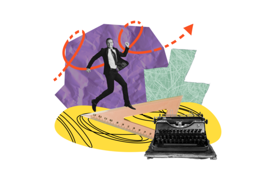 Composite photo collage of happy businessman run arrow promotion concept typewriter machine author reporter isolated on painted background