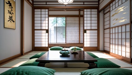 Traditional japanese tea room interior with shoji sliding doors