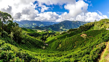 Fototapeta premium A verdant valley panorama showcasing terraced fields and rolling hills under a vibrant, cloud-filled blue sky. The landscape is lush