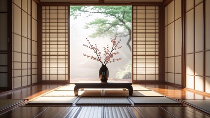 Sunlight illuminating traditional japanese room with tatami mats and cherry blossoms