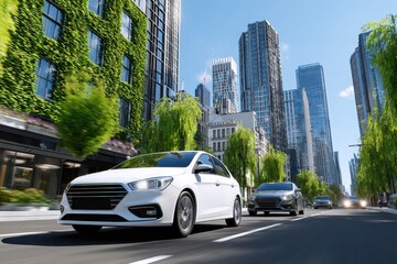 Fototapeta premium A modern city street with cars driving by, tall buildings with green landscaping, showcasing urban transportation and sustainable design, capturing the essence of city life.