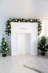 Christmas interior of a bright living room. The attic. Daytime