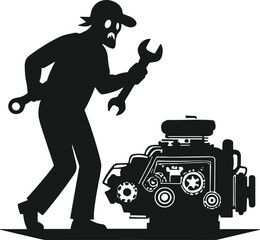 Mechanic silhouette with wrench and engine, industrial repair artwork, technical maintenance illustration, engineering design, automotive worker scene, machinery labor theme