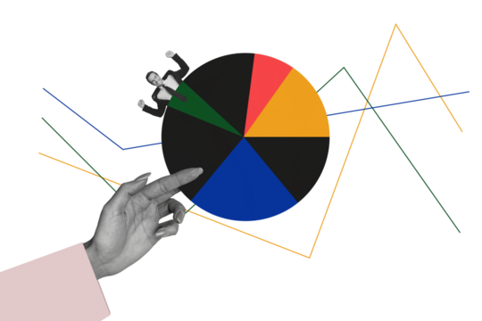 Trend artwork sketch image photo collage of trader business job graphics stats diagram circle piece hand hold spin business man appear