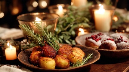 Golden roasted potatoes garnished with herbs on a rustic wooden table surrounded by candles