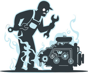 Mechanic with wrenches repairing smoking engine, industrial repair artwork, automotive maintenance illustration, technical engineering design, machinery troubleshooting scene, workshop emergency theme