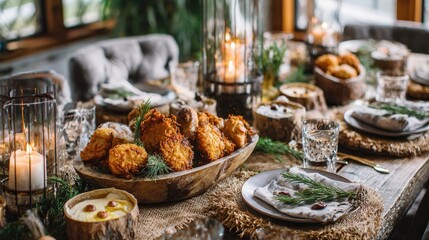 Rustic dining table set with delicious fried chicken and elegant decor for festive gatherings
