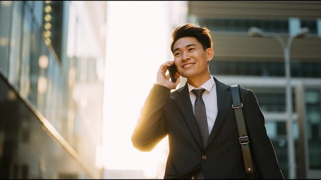 A confident businessman converses on his phone, showcasing a modern urban environment and professional lifestyle.