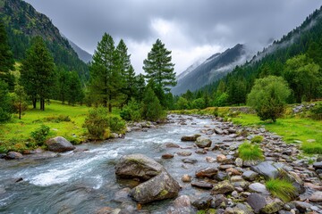 Fototapeta premium Majestic mountain river flowing through a lush green forest under a cloudy sky, showcasing the beauty and serenity of nature in a remote and peaceful environment.