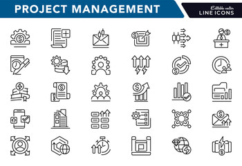 Project management icons set. Featuring - planning, scheduling, leadership, project, risk management, motivation, team thin line icons pack