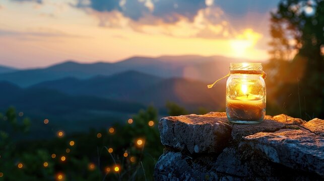 Sparkling Candle in Jar at Sunset Overlooking Scenic Mountains and Hillside with Glowing Lights