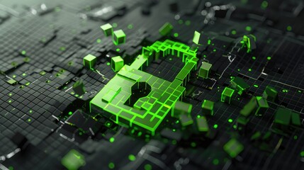 Abstract digital lock symbol with green glow on dark background representing cybersecurity and data protection concepts