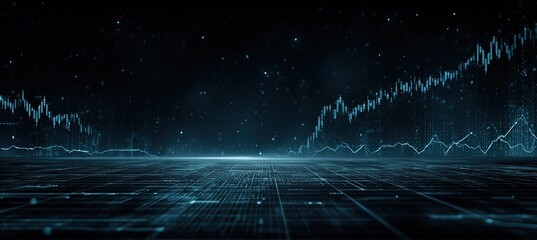 Blue Growth Chart Data Visualization, Upward Trend Graphs on Dark Grid Background, Business Analytics for Market Research Reports