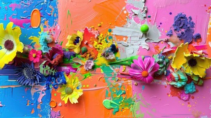 Vibrant Abstract Art with Colorful Flowers and Textures Showcasing a Creative Journey in Mixed Media