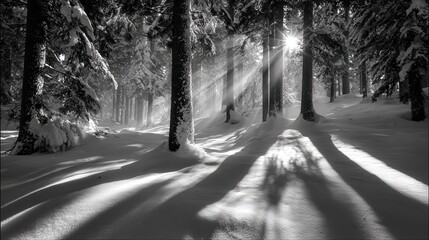 Black and white winter forest scene with sunlight filtering through snow-covered trees