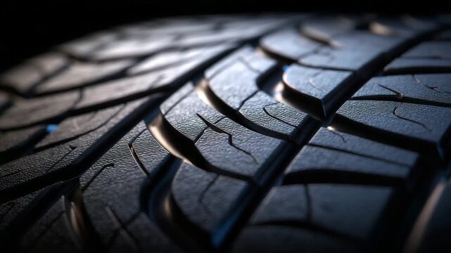 16Macro capture of aligned car tires, rubber surfaces matte and detailed, tread patterns forming repeating rhythm against black negative space