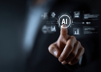 Fototapeta premium Human Finger Touching AI Interface Icon with Holographic Glow, Demonstrating Touch-Activated Technology for Business Workflow Optimization