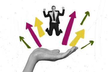 Collage picture sketch of happy successful man jump up fly air achievement financial growth isolated on painted background