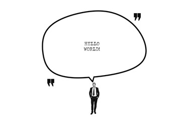 Photo collage image young businessman tell textbox hello world speech phrase author quote cite comment entrepreneur greeting