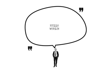 Photo collage image young businessman tell textbox hello world speech phrase author quote cite comment entrepreneur greeting