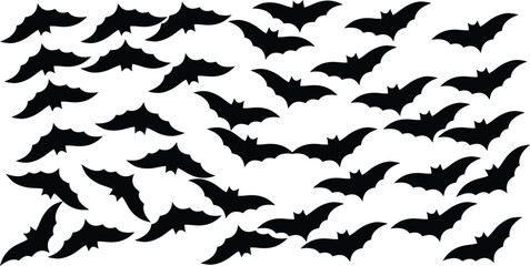 Flying bats silhouette pattern illustration representing spooky Halloween night sky, perfect for horror designs, decorations, party graphics, and October seasonal background themes.