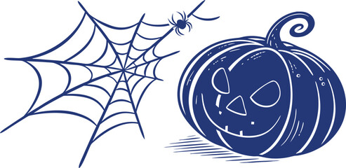 Halloween pumpkin with spider web and spider illustration in spooky hand drawn style, perfect for festive design, greeting cards, decorations, and seasonal October holiday artwork.