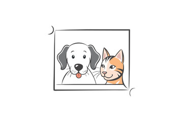 A charming illustration of a cat and dog peeking from a frame silhouette
