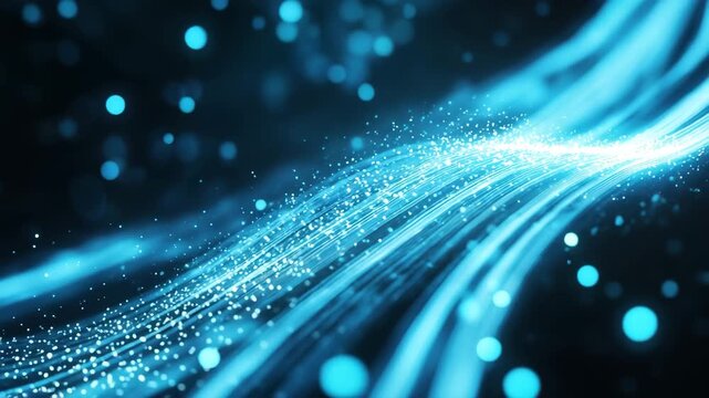 Abstract blue light stream with glowing particles and bokeh effect, futuristic technology background 4k video - Powered by Adobe