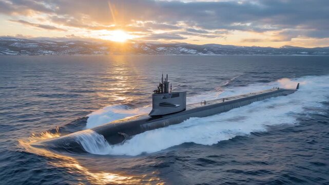 15Nuclear submarine in open sea, foamy wake trailing behind, periscope upright, sun low on horizon casting golden reflections on water
