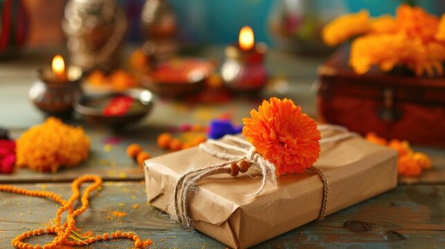 Gift package decorated with marigold flower surrounded by colorful rangoli and oil lamps on a wooden table