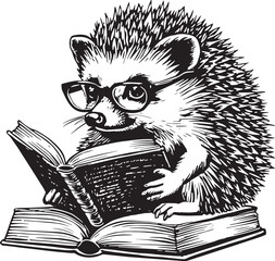 A cute cartoon hedgehog wearing glasses sits on top of an open book and reads. Black and white illustration.