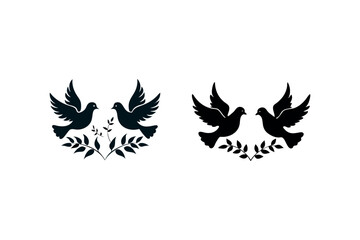 Two pairs of flying doves with olive branches a dark silhouette