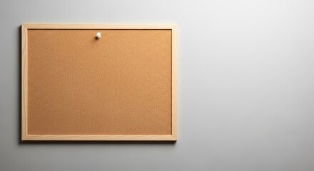 A blank cork board with a single pin on a gray wall.