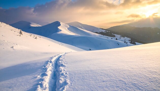 A sunlit snowy mountain range with a path leading towards the horizon and into a warm, glowing sky. Lush mountainsides blanketed in snow