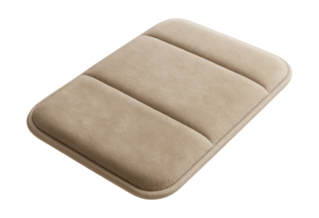 A neutral beige memory foam bath mat for comfort by the shower in any home.
