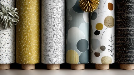 Colorful rolls of decorative paper showcasing various patterns and textures for creative projects