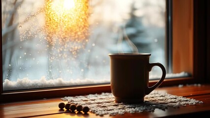 Cozy winter morning view steaming coffee mug by snowy window for relaxation 4k video
