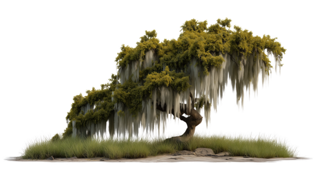Ancient Oak: Majestic oak tree, its gnarled branches adorned with flowing Spanish moss, standing resilient and solitary in a tranquil outdoor setting.