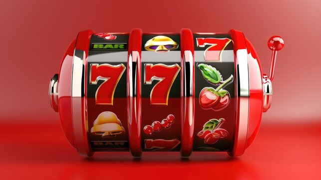Classic Slot Machine with Red Metallic Finish and Colorful Symbols in Bright Red Background