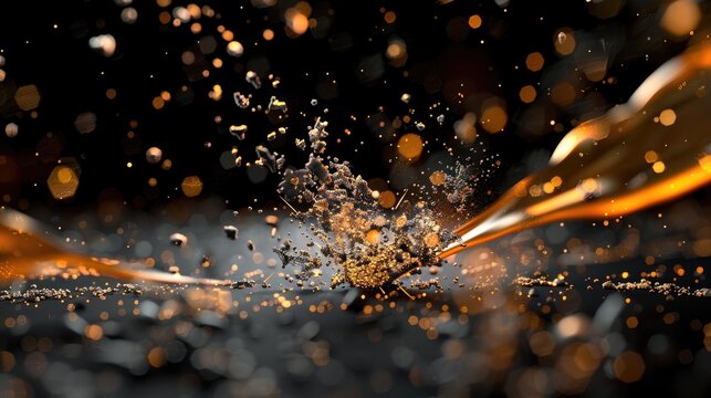 Abstract splash of liquid with vibrant colors creating dynamic movement and sparkling elements on a dark background