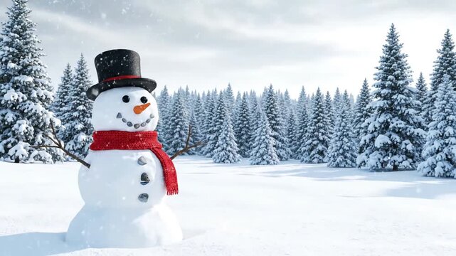 Seasonal Animation with of a snowman and child standing in field christmas trees the background distortion, backgrounds overlay, glitch, static noise, scan lines on black background, 4k animated video