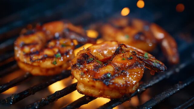 23Juicy shrimp sizzling on a hot grill, charred grill marks visible, smoke curling upward, glowing embers beneath adding warmth