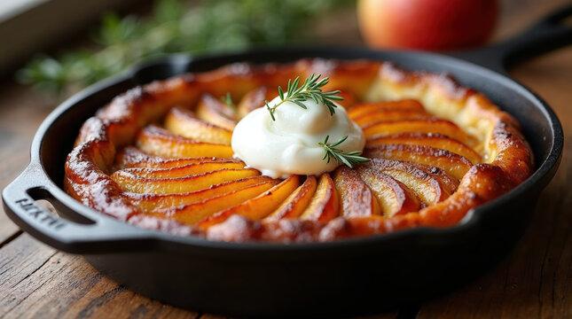 Warm baked apple tart pie delicious homemade fruit dessert served in rustic cast iron skillet with cream on wood