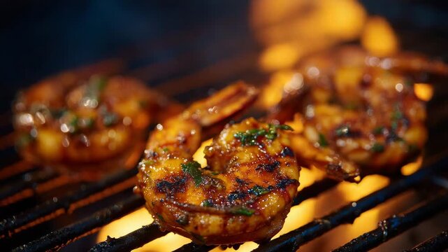 24Close-up of shrimp on grill, glistening from marinade, charred edges and smoke emphasizing delicious cooking process